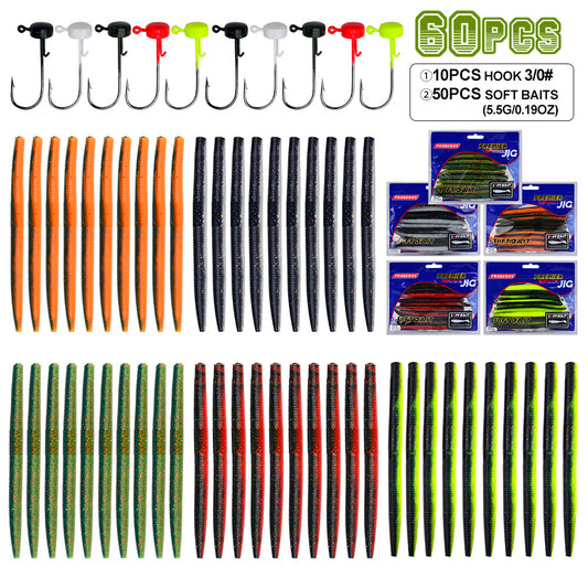 Proberos 60Pcs Soft Bait Fishing Lures Kit – Colorful Worms & Jig Hooks for Bass Fishing