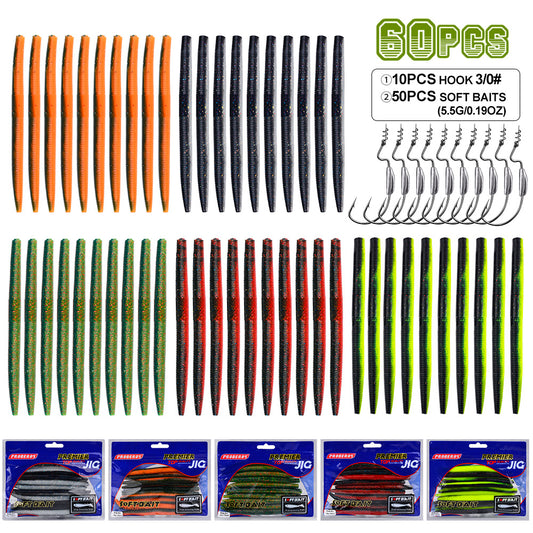 Proberos Freshwater Fishing Lures: 60Pcs Soft Worm Baits & Hooks Combo