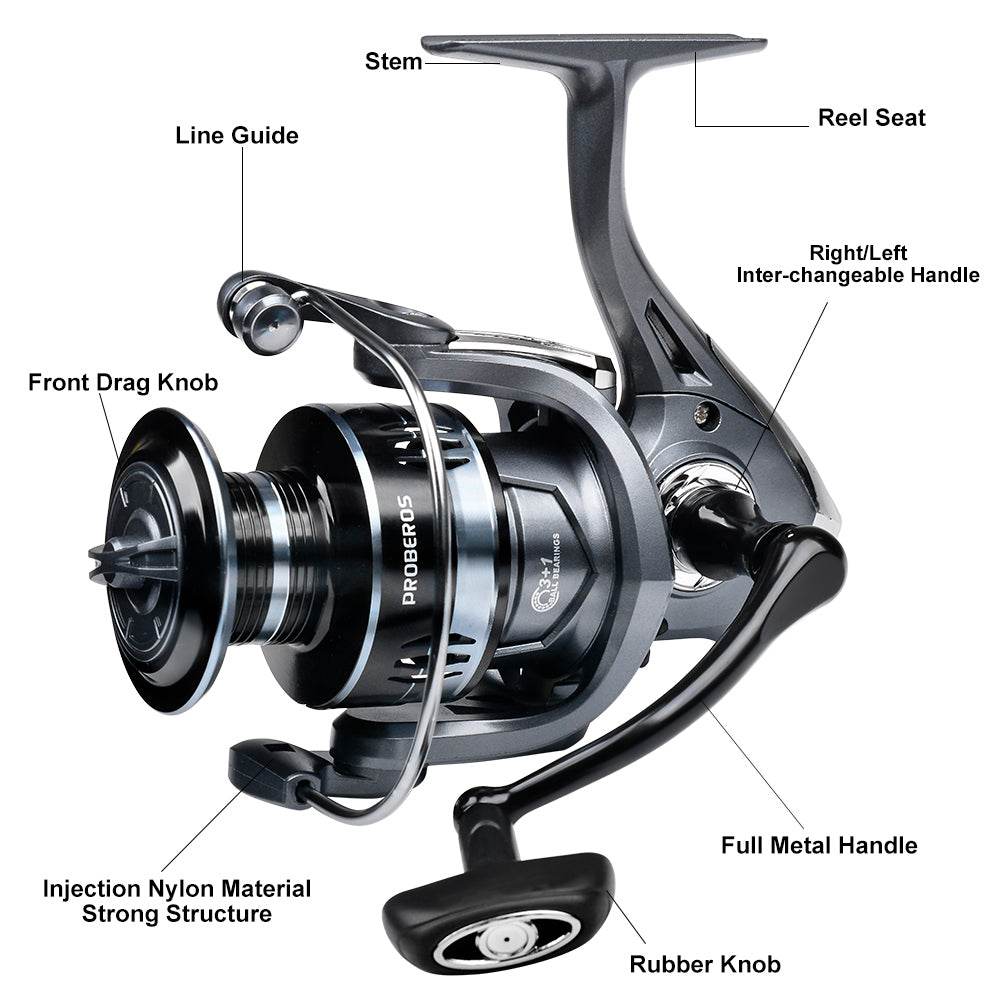 PROBEROS® 2000~7000 Series Spinning Reel, 5.2:1 Gear Ratio, 22LB Max Drag, Aluminum Alloy Metal Spool, Spinning Fishing Reel - Proberos