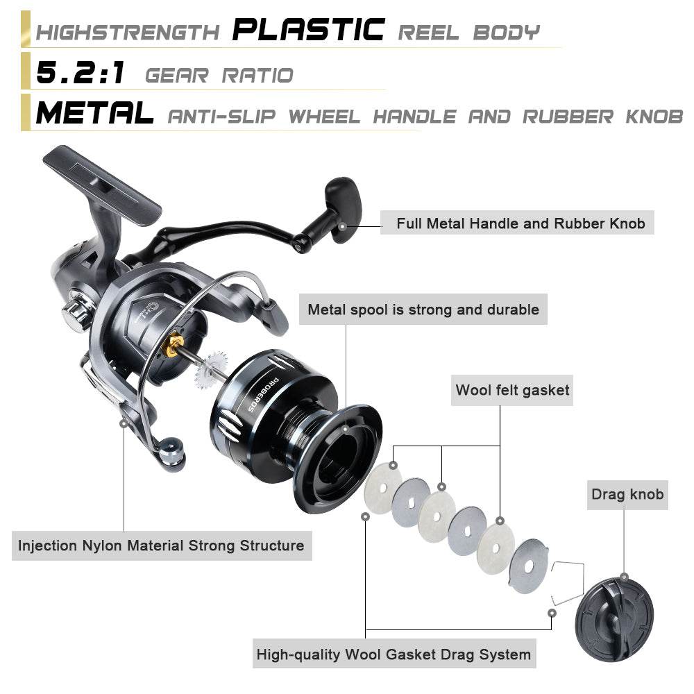 PROBEROS® 2000~7000 Series Spinning Reel, 5.2:1 Gear Ratio, 22LB Max Drag, Aluminum Alloy Metal Spool, Spinning Fishing Reel - Proberos