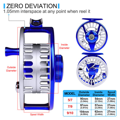 PROBEROS CNC Aluminum Fly Reel, 5/7, 7/9, 9/10 Sizes, 3 Colors Large Arbor Fly Reel, Corrosion Resistant for Freshwater  Saltwater