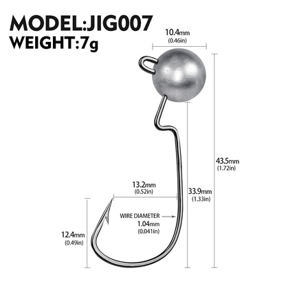 PROBEROS Crank Lead Head Hook Anti-Hanging Bottom Primary Color Lead Head Hook Soft Worm Hook with Barb Fish Hook 20pcs