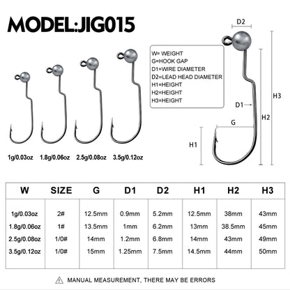 PROBEROS 5Pcs Saltwater Lead Jig Hooks 1g-3.5g High Carbon Steel Fishing Hooks