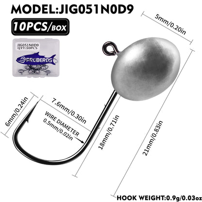 PROBEROS JIG051 Oval Ball Lead Jig Head Hooks 0.9g-7g (10-Pack)