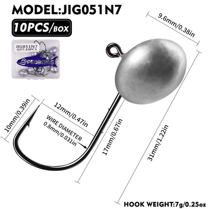 PROBEROS JIG051 Oval Ball Lead Jig Head Hooks 0.9g-7g (10-Pack)