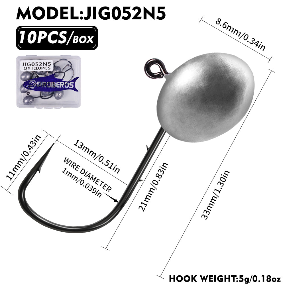 PROBEROS JIG052 Oval Lead Jig Head Hooks 1.5g-7g (10-Pack)