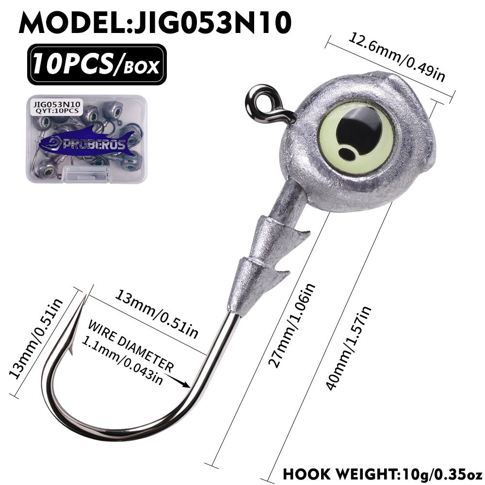 PROBEROS JIG053 Luminous 3D Eye Jig Head Hooks 3.5g-10g (10-Pack)