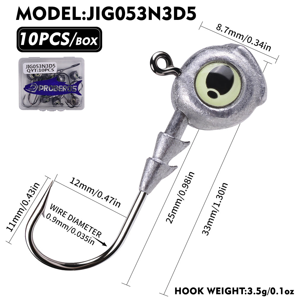 PROBEROS JIG053 Luminous 3D Eye Jig Head Hooks 3.5g-10g (10-Pack)