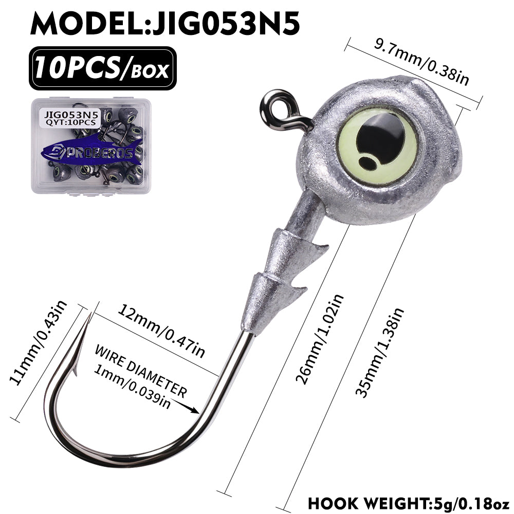 PROBEROS JIG053 Luminous 3D Eye Jig Head Hooks 3.5g-10g (10-Pack)