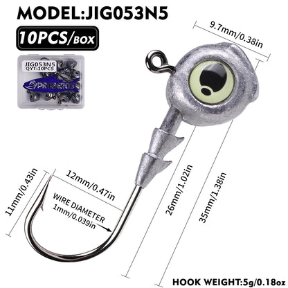 PROBEROS JIG053 Luminous 3D Eye Jig Head Hooks 3.5g-10g (10-Pack)