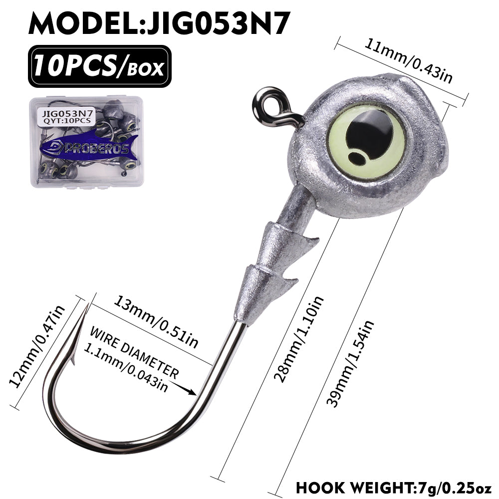 PROBEROS JIG053 Luminous 3D Eye Jig Head Hooks 3.5g-10g (10-Pack)