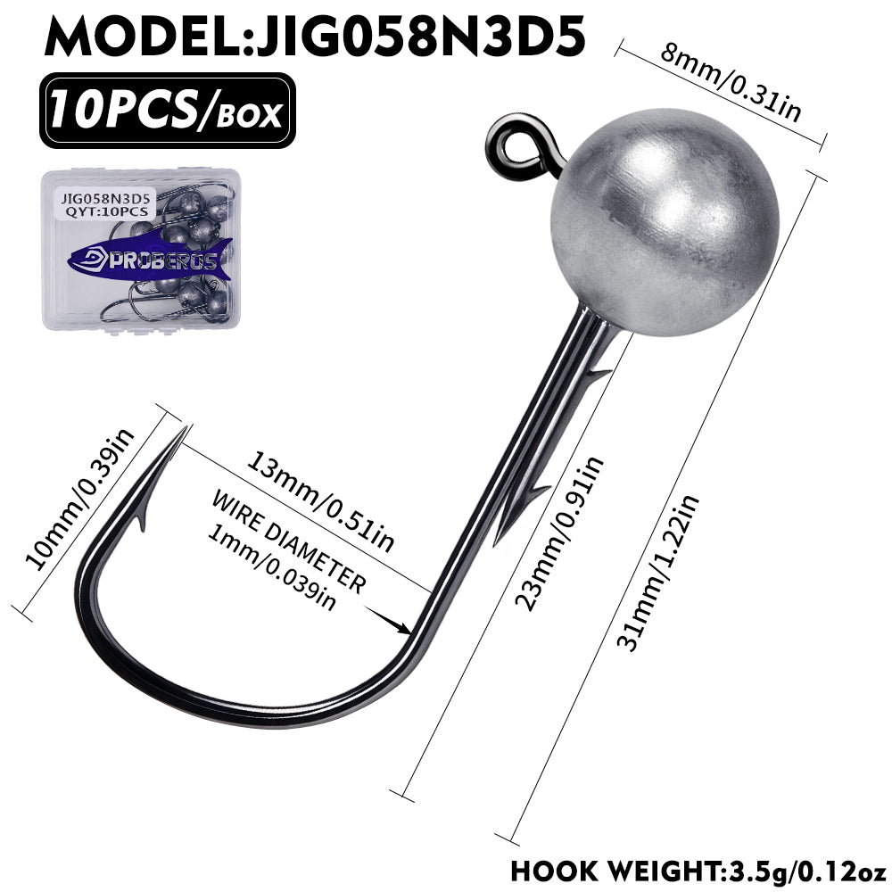 PROBEROS JIG058 Round Ball Lead Jig Head Hooks with Dual Bait Keepers