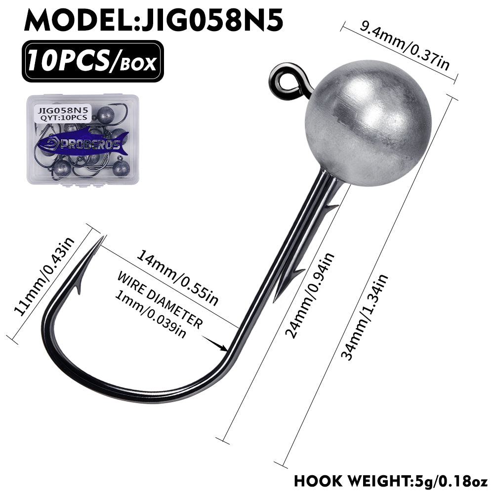 PROBEROS JIG058 Round Ball Lead Jig Head Hooks with Dual Bait Keepers