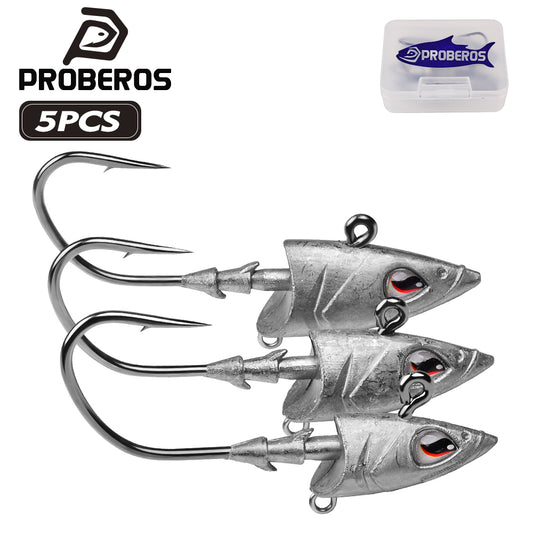 PROBEROS Lead Jig Head Hooks, 1/0#-3/0#, 5pcs/Set;Fish-Shaped Jig Hooks, Heavy Duty, for Soft Lures