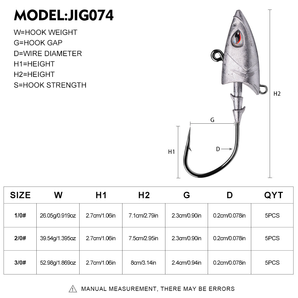 PROBEROS Lead Jig Head Hooks, 1/0#-3/0#, 5pcs/Set;Fish-Shaped Jig Hooks, Heavy Duty, for Soft Lures