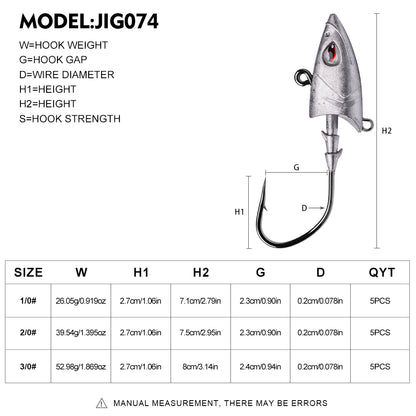 PROBEROS Lead Jig Head Hooks, 1/0#-3/0#, 5pcs/Set;Fish-Shaped Jig Hooks, Heavy Duty, for Soft Lures