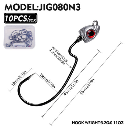 PROBEROS JIG080 Red 3D Eye Offset Lead Jig Hooks (3.2g-13.2g)