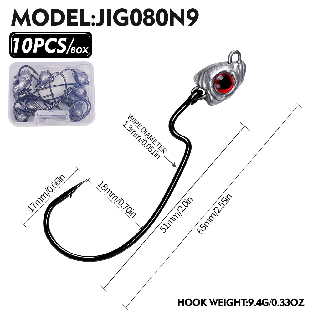 PROBEROS JIG080 Red 3D Eye Offset Lead Jig Hooks (3.2g-13.2g)