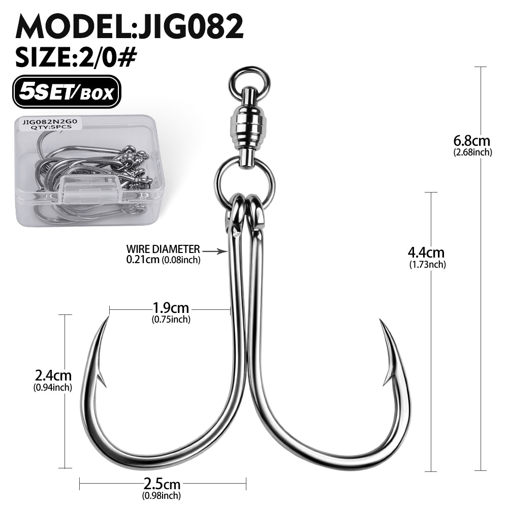 PROBEROS Swivel Twin/Single Hook Kit,Full Stainless Steel Jig Assist Hooks.5Sets/Box;1/0#-12/0#, 25-95kg Max Drag