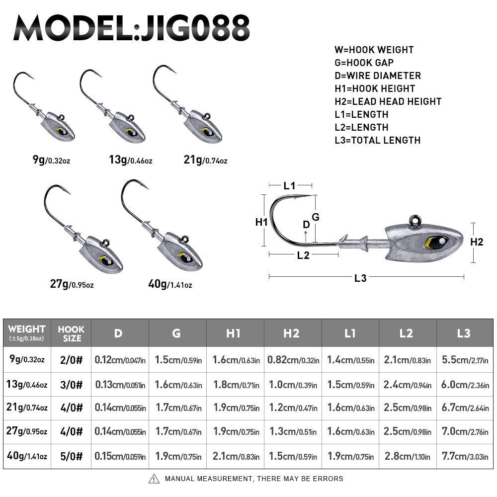 PROBEROS JIG088 Fish Head Jig Hooks, 9g-40g Lead Head Hooks for Soft Lures