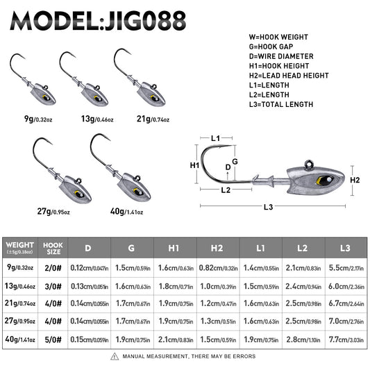 PROBEROS JIG088 Fish Head Jig Hooks, 9g-40g Lead Head Hooks for Soft Lures