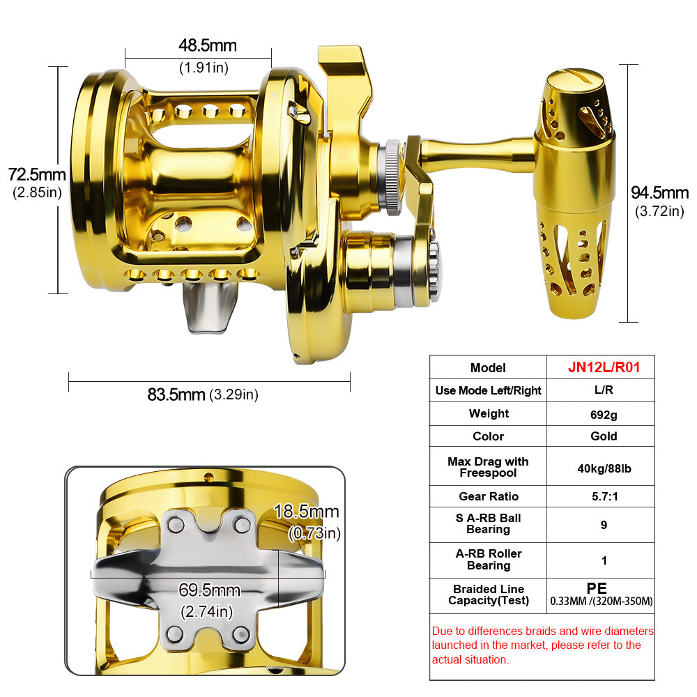 PROBEROS Slow Pitch Jigging Reel, 40kg Max Drag, Gold &amp; Silver/Gold CNC Aluminum Offshore Reel, 9+1 Bearings, 5.7:1 Gear Ratio 682g/692g/696g/687g