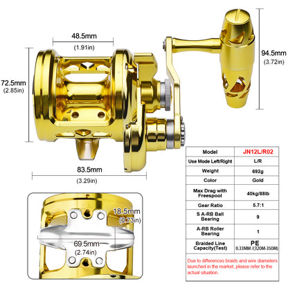 PROBEROS Slow Pitch Jigging Reel, 40kg Max Drag, Gold &amp; Silver/Gold CNC Aluminum Offshore Reel, 9+1 Bearings, 5.7:1 Gear Ratio 682g/692g/696g/687g