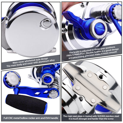 PROBEROS Slow Pitch Jigging Reel, 40kg Max Drag, Silver/Blue CNC Aluminum Offshore Reel, 9+1 Bearings, 5.7:1 Gear Ratio