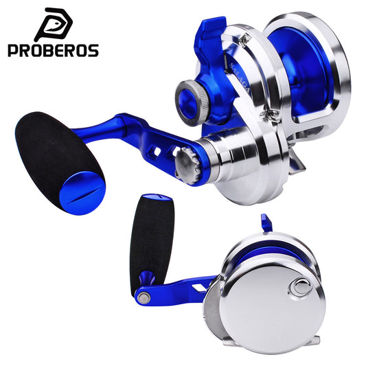 PROBEROS Slow Pitch Jigging Reel, 40kg Max Drag, Silver/Blue CNC Aluminum Offshore Reel, 9+1 Bearings, 5.7:1 Gear Ratio
