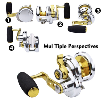 PROBEROS Slow Pitch Jigging Reel, 40kg Max Drag, Silver/Blue CNC Aluminum Offshore Reel, 9+1 Bearings, 5.7:1 Gear Ratio