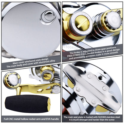 PROBEROS Slow Pitch Jigging Reel, 40kg Max Drag, Silver/Blue CNC Aluminum Offshore Reel, 9+1 Bearings, 5.7:1 Gear Ratio