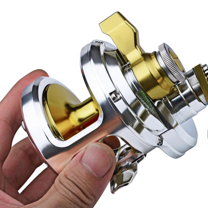 PROBEROS Slow Pitch Jigging Reel, 40kg Max Drag, Silver/Blue CNC Aluminum Offshore Reel, 9+1 Bearings, 5.7:1 Gear Ratio