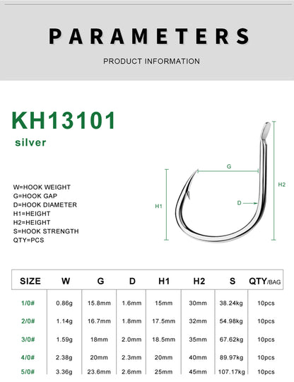 PROBEROS KH13101 Saltwater Single Fishing Hooks 1/0-5/0 High Carbon Steel Hooks 20pcs