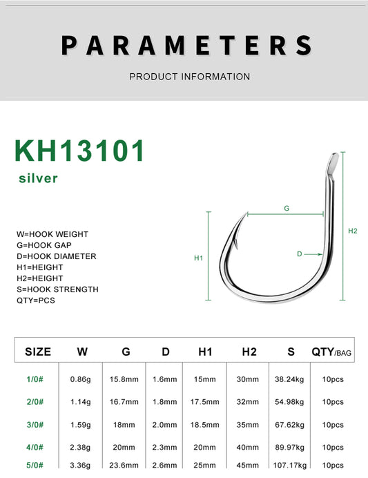 PROBEROS 20PCS Saltwater Fishing Hooks 1/0#-5/0# Anti-rusty Single hook Tin Color Fishhooks High Carbon Steel Strength
