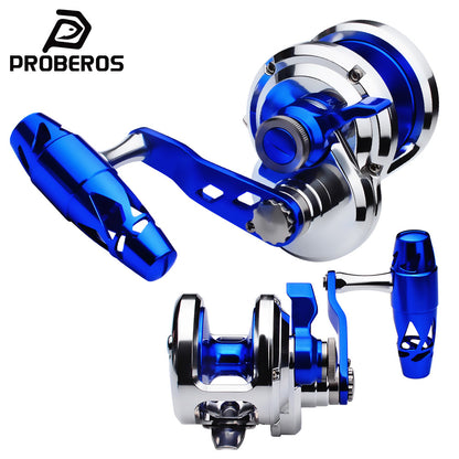 PROBEROS Slow Pitch Jigging Reel, 40kg Max Drag, Silver/Blue Silver/Gold Aluminum Offshore Reel, 9+1 Bearings, 5.7:1 Gear Ratio