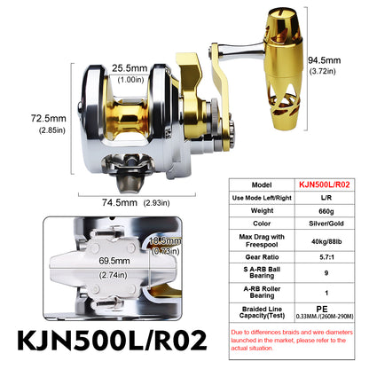 PROBEROS Slow Pitch Jigging Reel, 40kg Max Drag, Silver/Blue Silver/Gold Aluminum Offshore Reel, 9+1 Bearings, 5.7:1 Gear Ratio