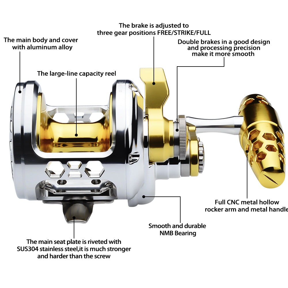 PROBEROS Slow Pitch Jigging Reel, 40kg Max Drag, Gold &amp; Silver/Gold CNC Aluminum Offshore Reel, 9+1 Bearings, 5.7:1 Gear Ratio 682g/692g/696g/687g