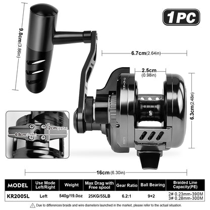PROBEROS Slow Pitch Jigging Reel, 25kg Max Drag, Gunmetal Black CNC Aluminum Offshore Reel, 9+2 Bearings, 6.2:1 Gear Ratio 540g/546g