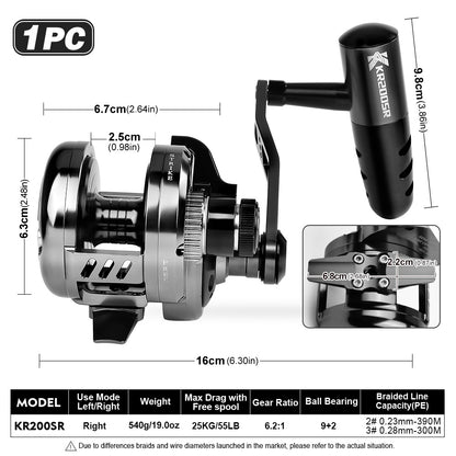 PROBEROS Slow Pitch Jigging Reel, 25kg Max Drag, Gunmetal Black CNC Aluminum Offshore Reel, 9+2 Bearings, 6.2:1 Gear Ratio 540g/546g