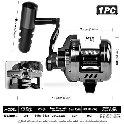 PROBEROS Slow Pitch Jigging Reel, 25kg Max Drag, Gunmetal Black CNC Aluminum Offshore Reel, 9+2 Bearings, 6.2:1 Gear Ratio 540g/546g
