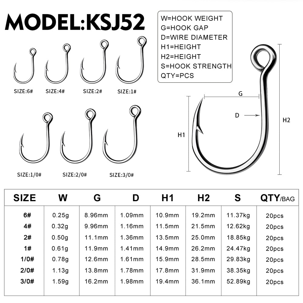 PROBEROS 20PCS Saltwater Fishing Hooks 6#-3/0# Anti-rusty Single hook Tin Color Fishhooks High Carbon Steel Strength