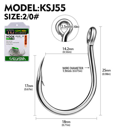 PROBEROS 20PCS Saltwater Fishing Hooks 1/0#-5/0# Anti-rusty Single hook Tin Color Fishhooks High Carbon Steel Strength