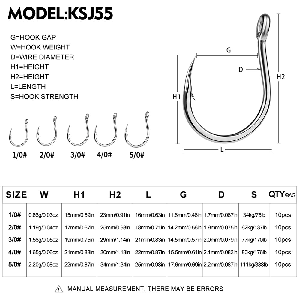 PROBEROS 20PCS Saltwater Fishing Hooks 1/0#-5/0# Anti-rusty Single hook Tin Color Fishhooks High Carbon Steel Strength