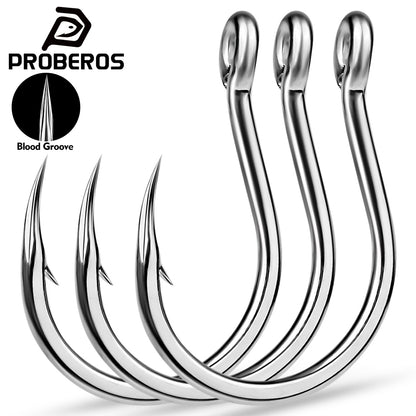 PROBEROS 20PCS Saltwater Fishing Hooks 1/0#-5/0# Anti-rusty Single hook Tin Color Fishhooks High Carbon Steel Strength