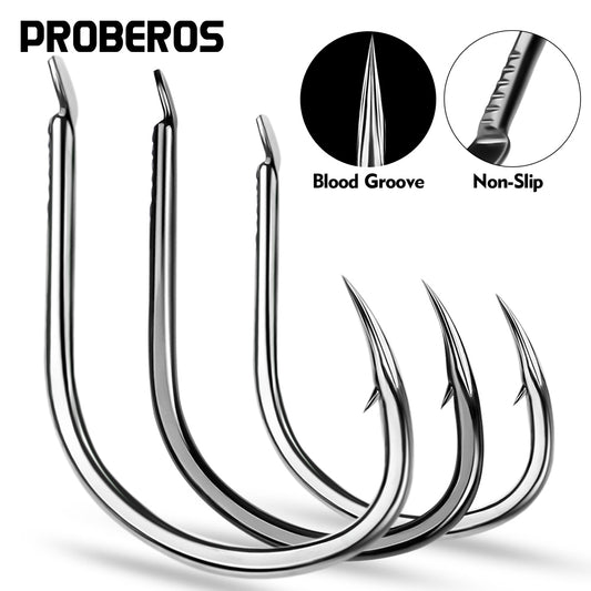 PROBEROS 10 pieces/bag, 5 bags with 50 pieces sold at once  Large Size Carp Fishing Hook Offset Circle Hook 1/0-4/0 Single Fly Fishing Jig Hook Barbed Sea Fishhook Tackle Accessories