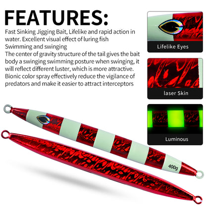 PROBEROS Lead Slow Jigging Lure Glow in Dark Luminous Stripe 3D Fish Eye Saltwater Tuna Fishing Bait 120g-400g (1PC Pack)