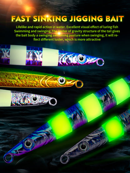 PROBEROS Lead Slow Jigging Lure Glow in Dark 3D Eye Saltwater Fishing Bait 100g-200g (1PC Pack, A-E 5 Colors)