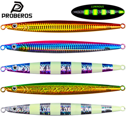 PROBEROS Lead Slow Jigging Lure Glow in Dark 3D Eye Saltwater Fishing Bait 100g-200g (1PC Pack, A-E 5 Colors)