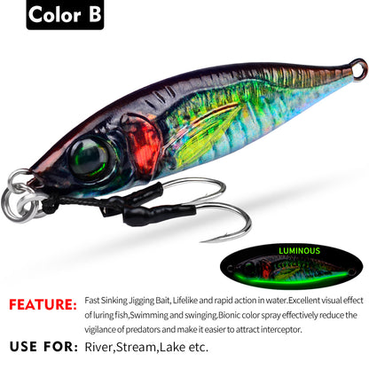 PROBEROS LF137 Luminous Lead Slow Jigging Lure with Twin Assist Hook 3D Eyes Fast Sinking Metal Spoon Bait for Sea Fishing