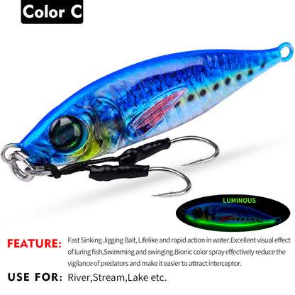 PROBEROS LF137 Luminous Lead Slow Jigging Lure with Twin Assist Hook 3D Eyes Fast Sinking Metal Spoon Bait for Sea Fishing